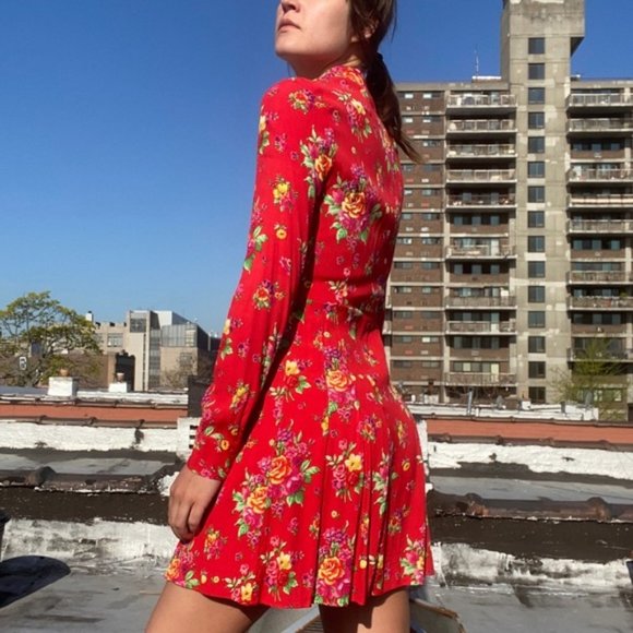 & OTHER STORIES Pleated Long Sleeve Shirt Dress Floral Red - Picture 3 of 9